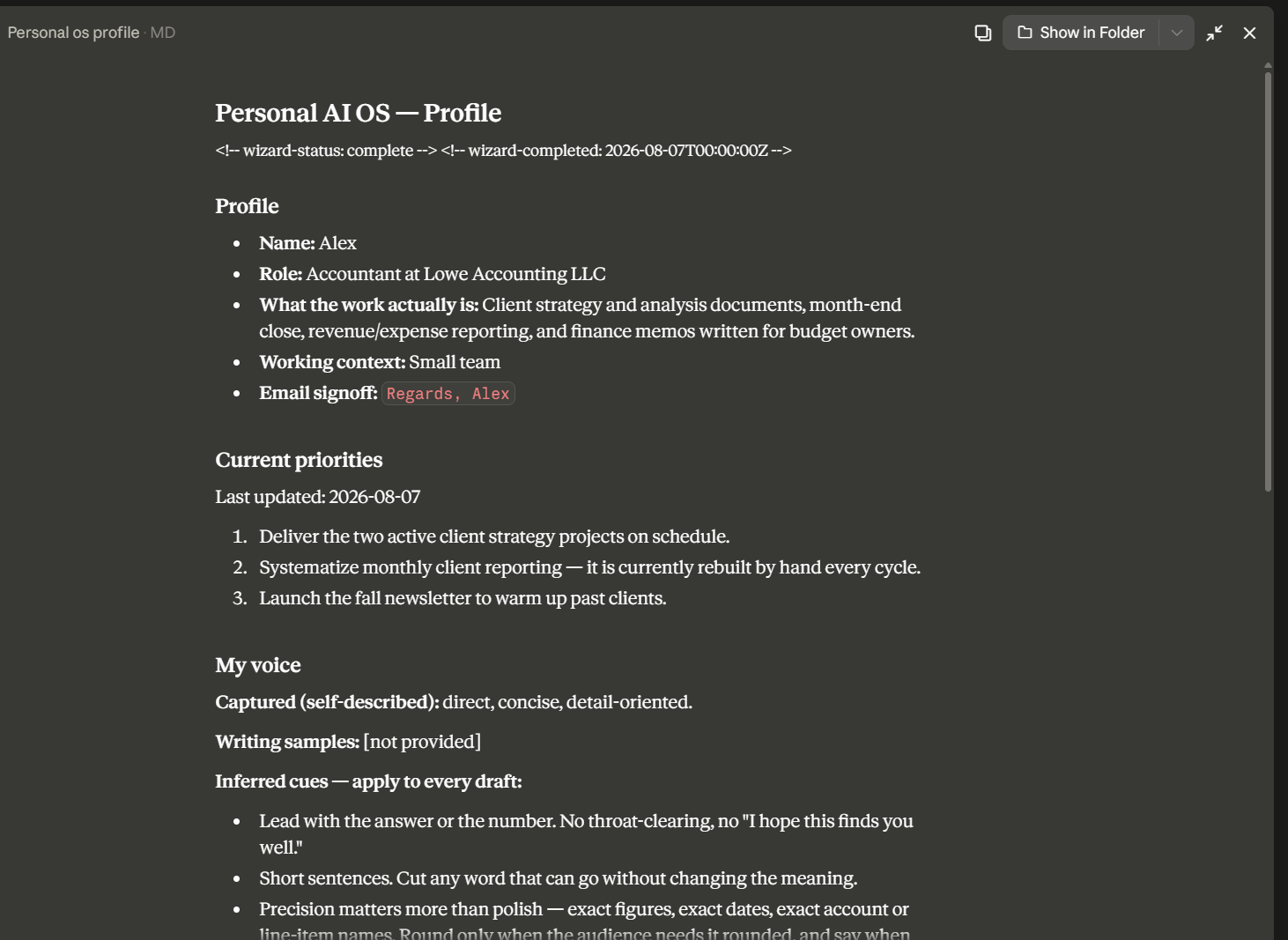 The wizard-written profile open from the sidebar — status markers, profile fields, dated priorities, and an "Inferred cues — apply to every draft" voice section