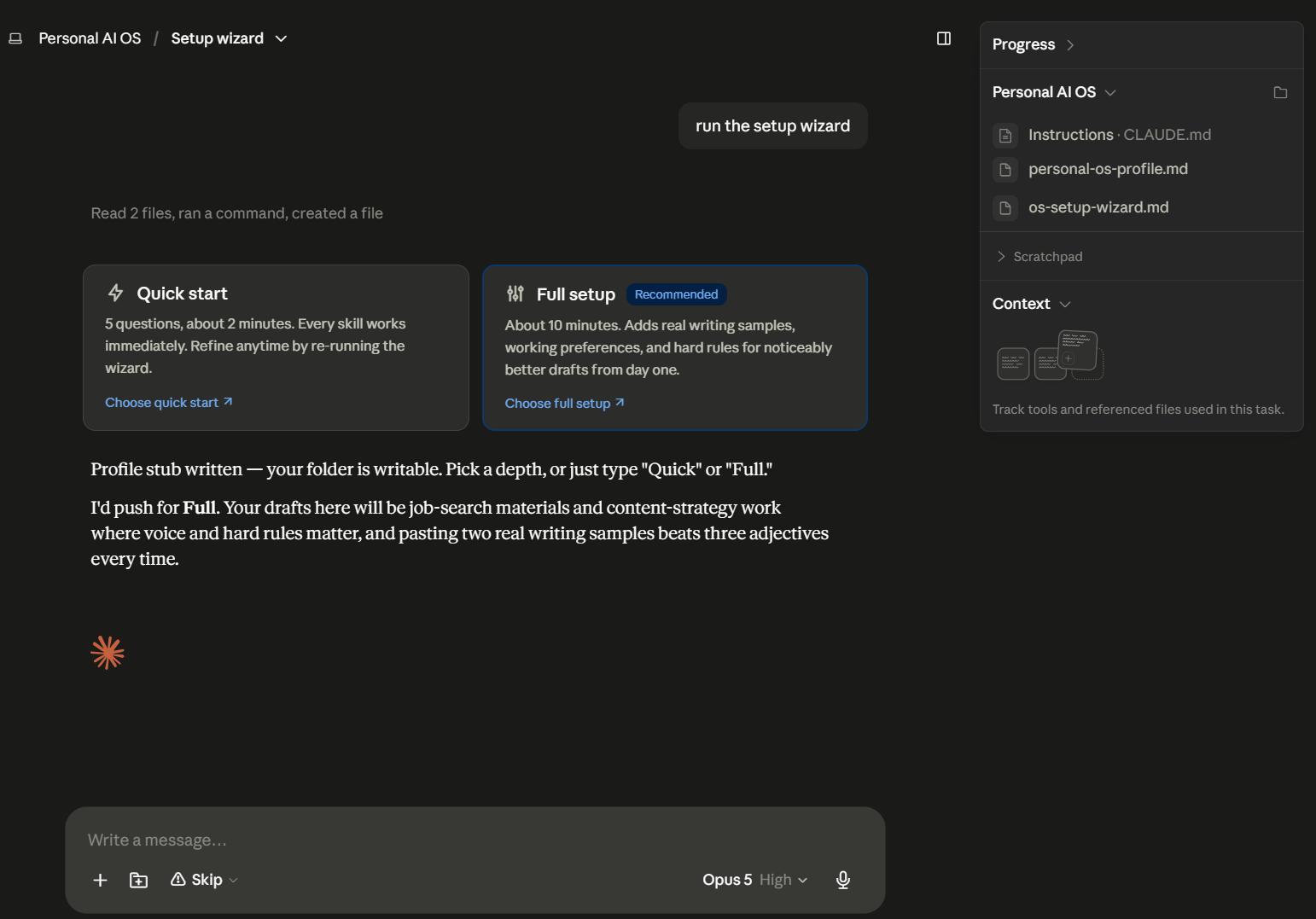 The wizard's two setup cards rendered by the visualizer — Quick start and Full setup (tagged Recommended) — after the "Profile stub written, your folder is writable" check