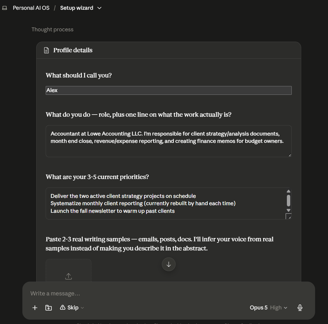 The wizard's single elicitation form — name, role, priorities, and writing-sample fields rendered as one Profile details card